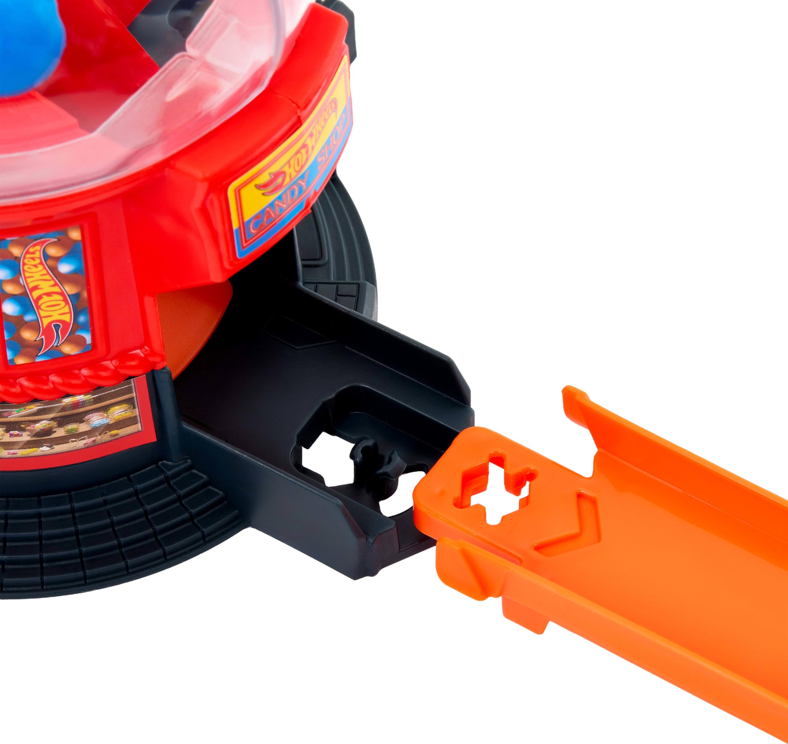 Hot Wheels Toy Car Track Set, Gumball Machine Playset with 1:64 Scale Die-Cast Donut-Shaped Vehicle & Speed Snap Track, Downtown City Candy Shop - Image 5